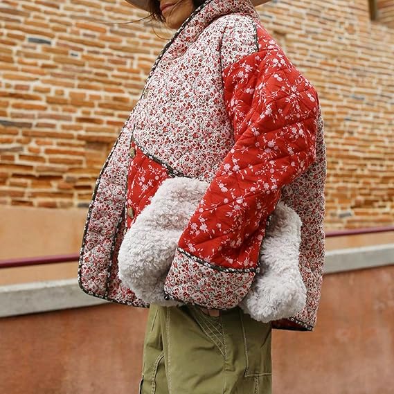 Amandine | Ethnic style Floral Print Color Contrast Quilted Jacket - Elovana Montreal - Jackets