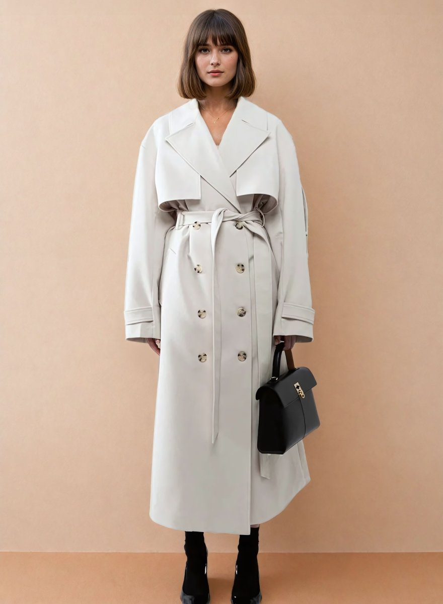 Classic Oversized Trench Coat with Pleated Detail in Light Beige - Elovana Montreal - Coats