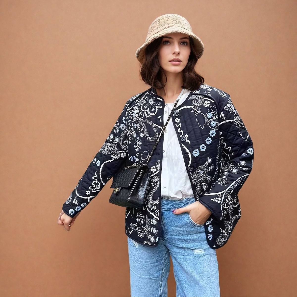 Élisa | Ethnic Floral Print Quilted Jacket - Elovana Montreal - Jackets