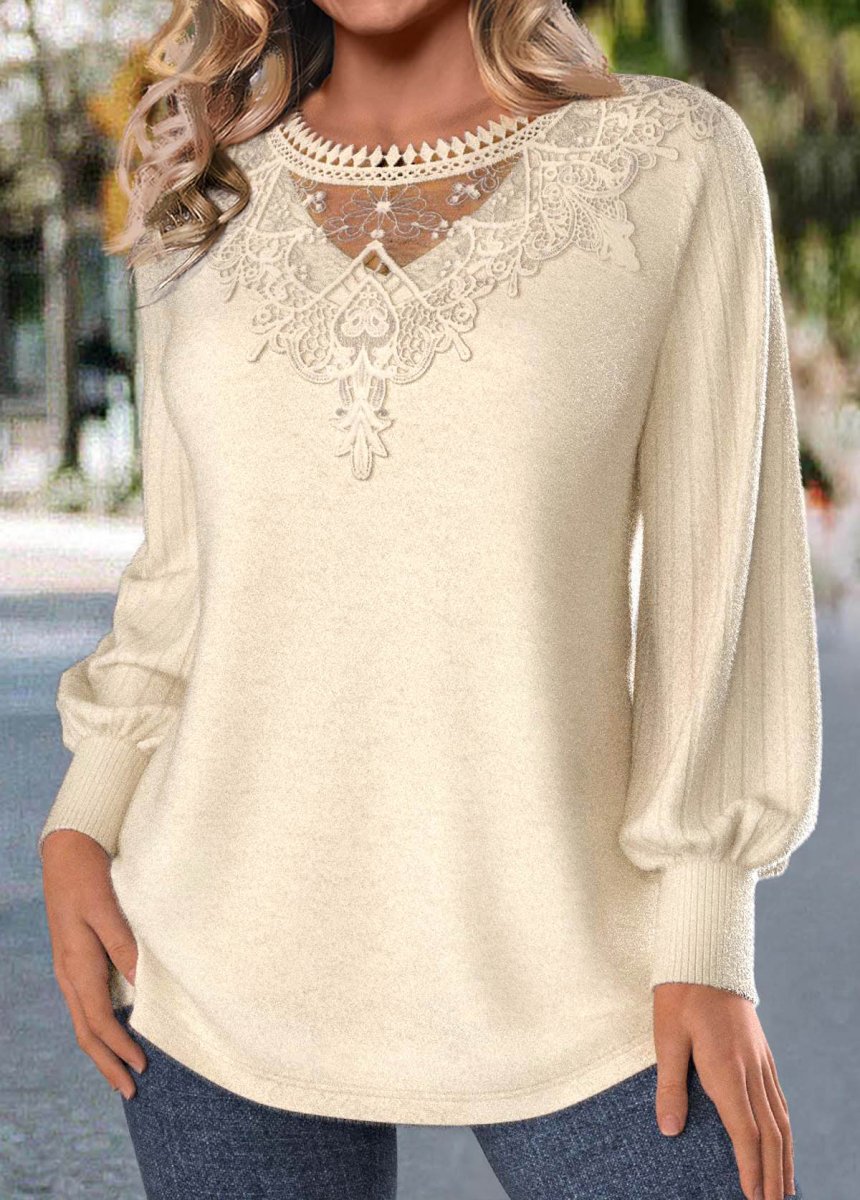 Elovana® Beige Embroidery Long Sleeve Round Neck T Shirt - Elovana Montreal - 