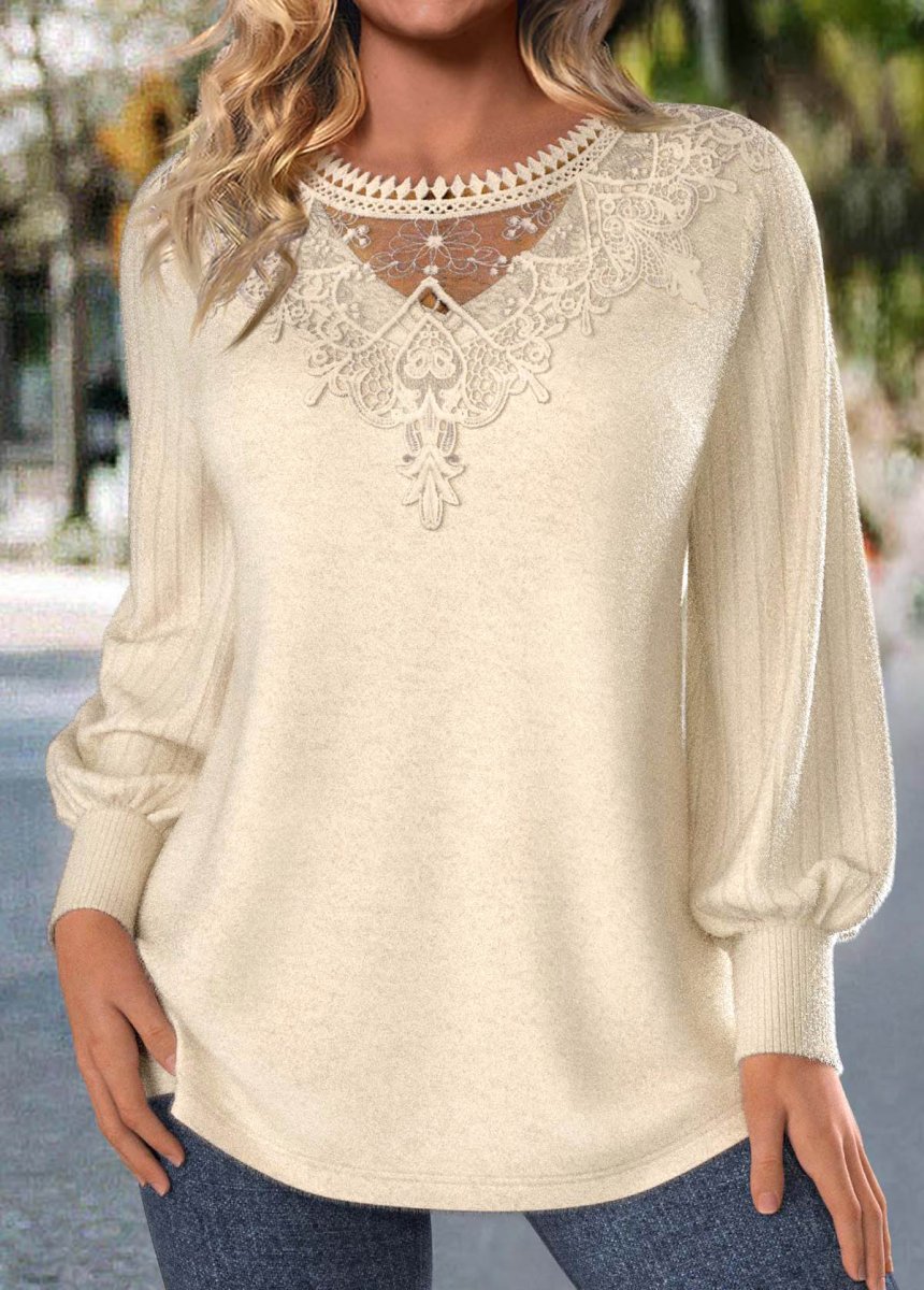 Elovana® Beige Embroidery Long Sleeve Round Neck T Shirt - Elovana Montreal - 