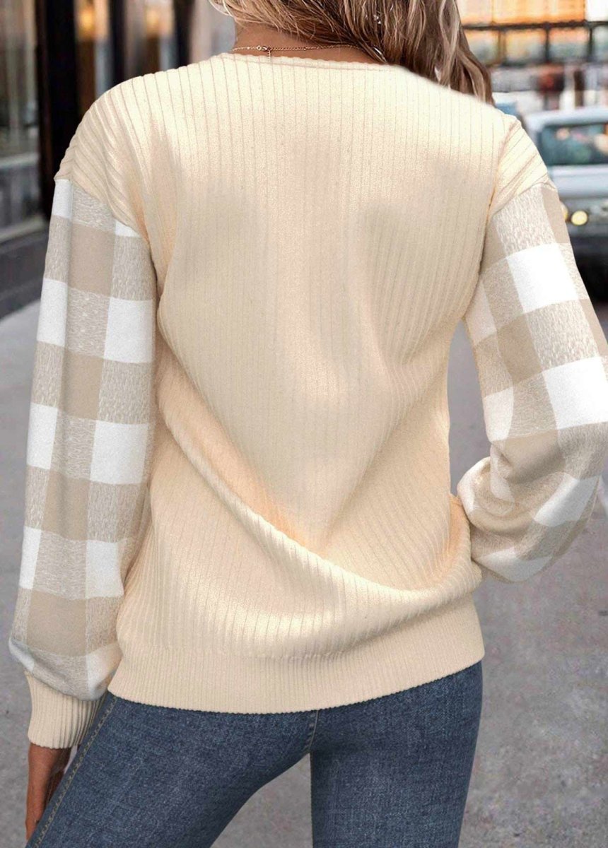 Elovana® Beige Patchwork Plaid Long Sleeve Round Neck Sweatshirt - Elovana Montreal - 