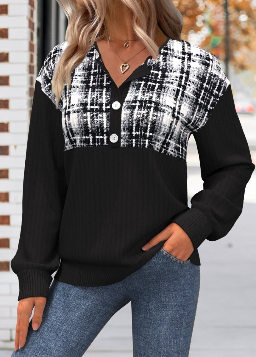 Elovana® Black Button Plaid Long Sleeve Split Neck Sweatshirt - Elovana Montreal - 