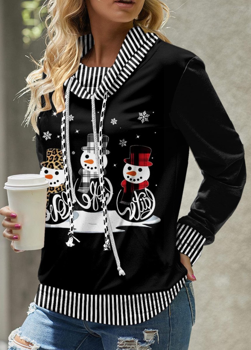 Elovana® Black Patchwork Snowman Print Christmas Cowl Neck Sweatshirt - Elovana Montreal - 