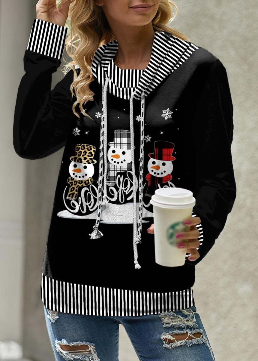 Elovana® Black Patchwork Snowman Print Christmas Cowl Neck Sweatshirt - Elovana Montreal - 