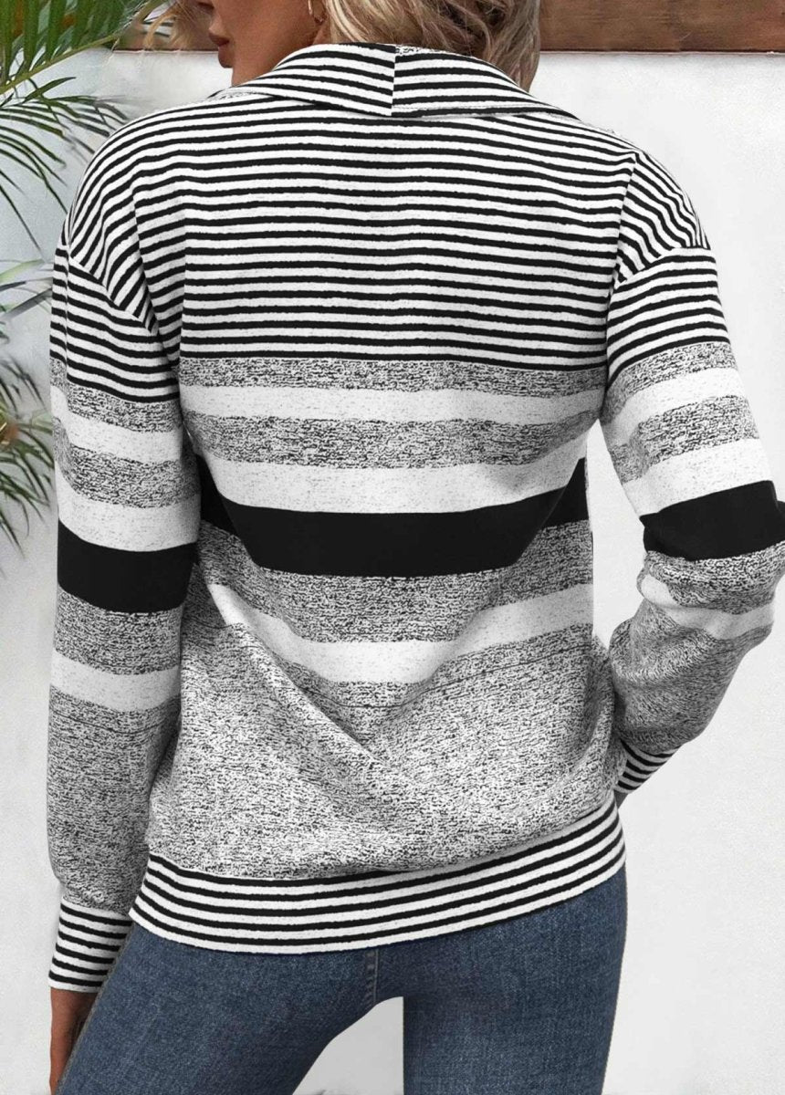 Elovana® Black Zipper Striped Long Sleeve Turn Down Collar Sweatshirt - Elovana Montreal - 