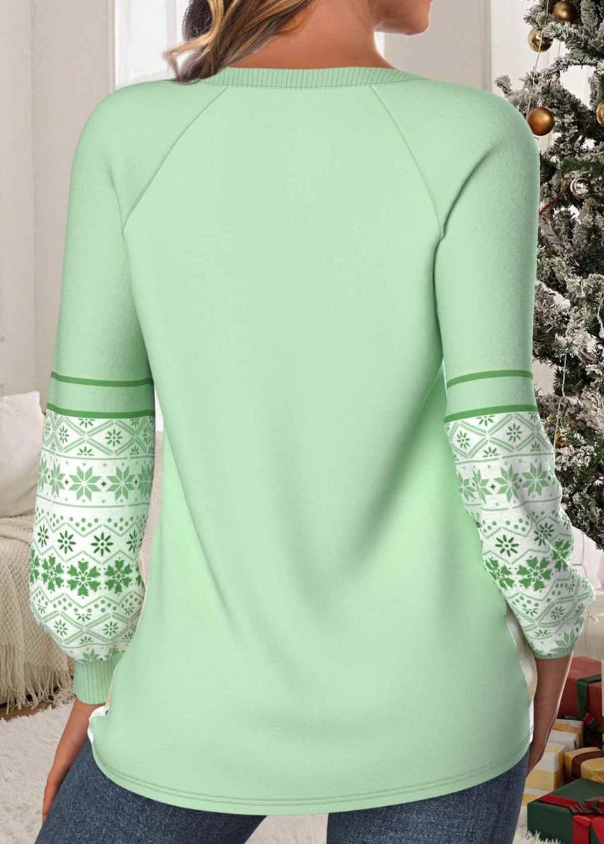 Elovana® Christmas Light Green Patchwork Long Sleeve Round Neck Sweatshirt - Elovana Montreal - 