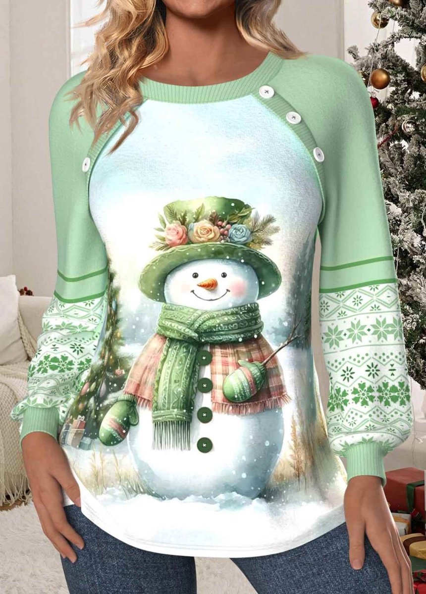 Elovana® Christmas Light Green Patchwork Long Sleeve Round Neck Sweatshirt - Elovana Montreal - 