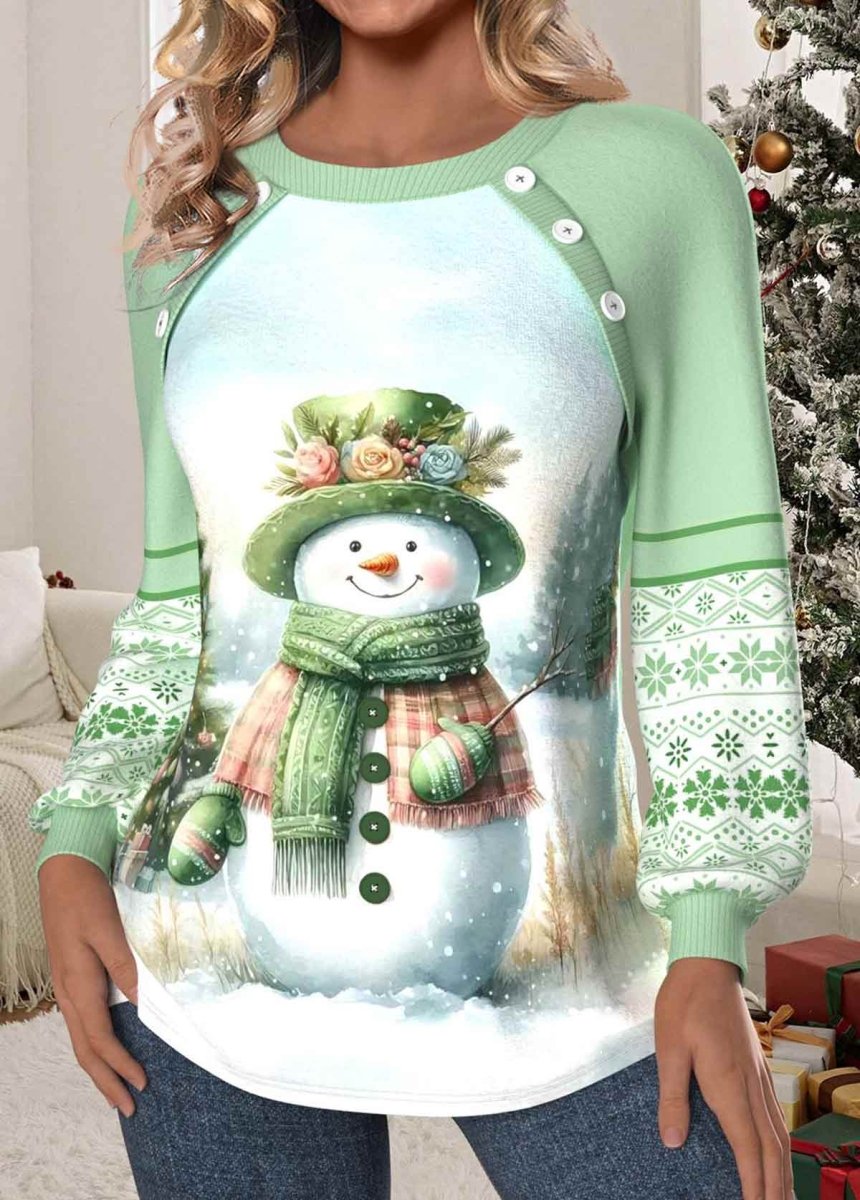 Elovana® Christmas Light Green Patchwork Long Sleeve Round Neck Sweatshirt - Elovana Montreal - 