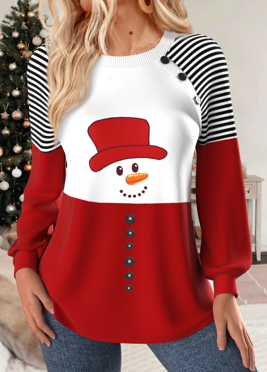 Elovana® Christmas Multi Color Patchwork Snowman Print Long Sleeve Sweatshirt - Elovana Montreal - 