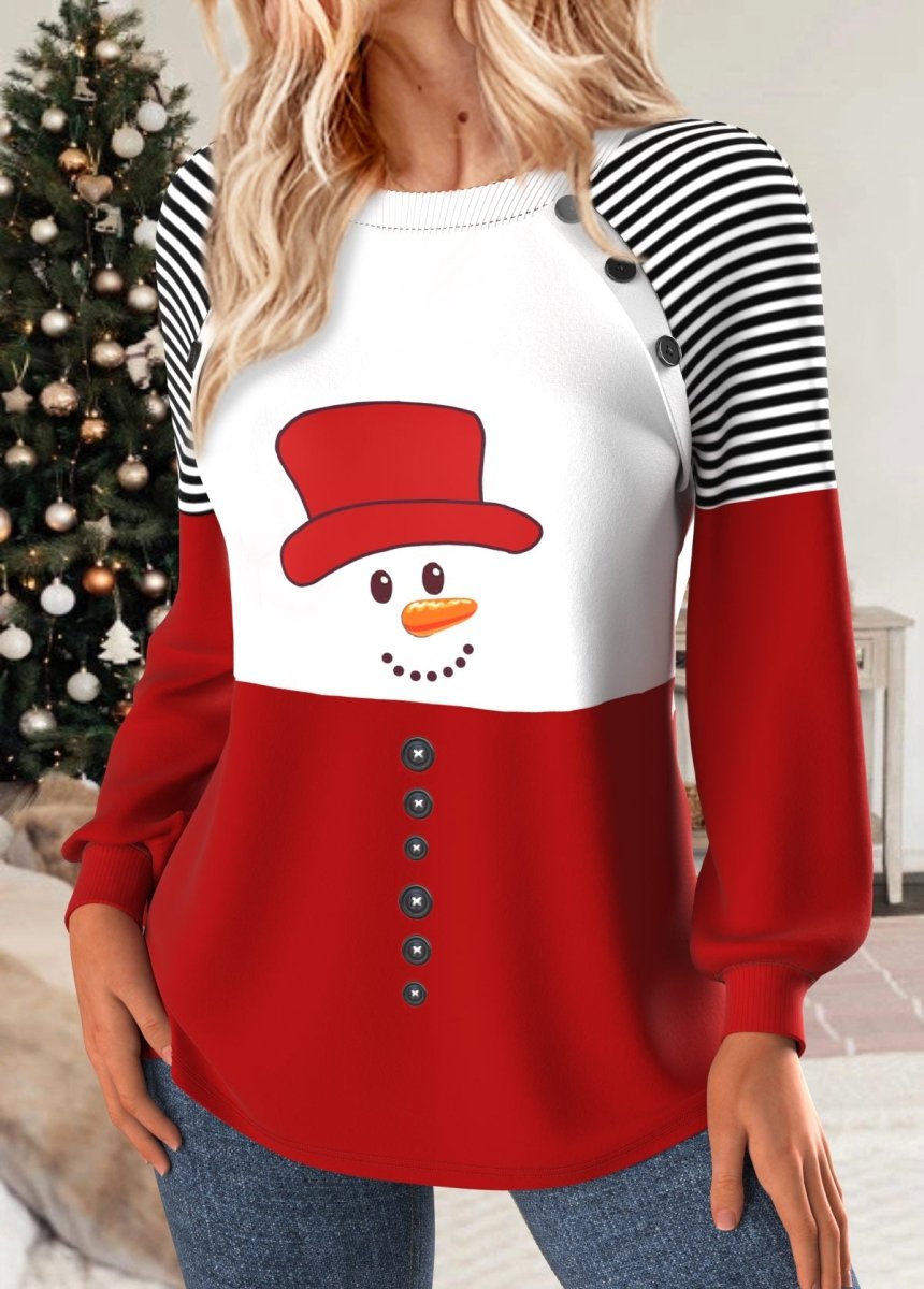 Elovana® Christmas Multi Color Patchwork Snowman Print Long Sleeve Sweatshirt - Elovana Montreal - 