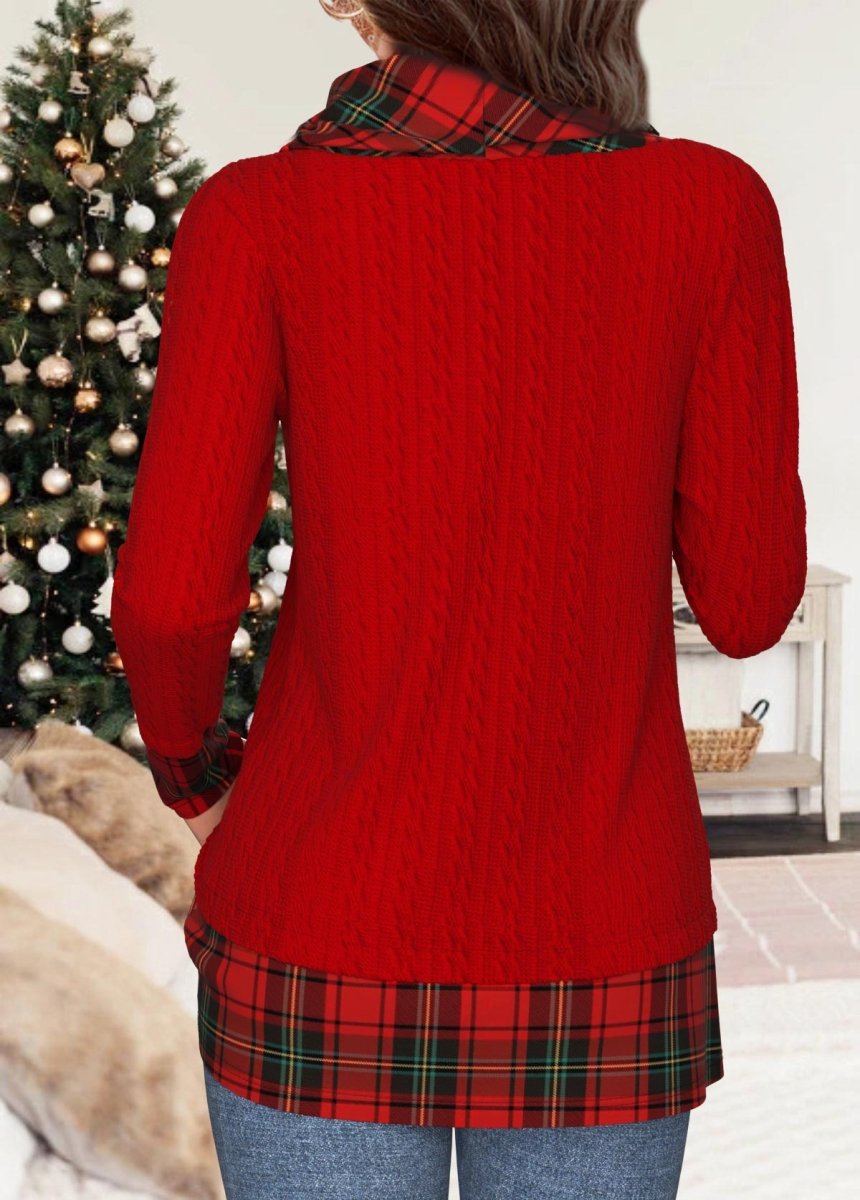 Elovana® Christmas Red Patchwork Plaid Long Sleeve Cowl Neck Sweatshirt - Elovana Montreal - 