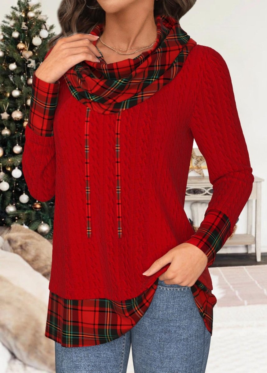 Elovana® Christmas Red Patchwork Plaid Long Sleeve Cowl Neck Sweatshirt - Elovana Montreal - 