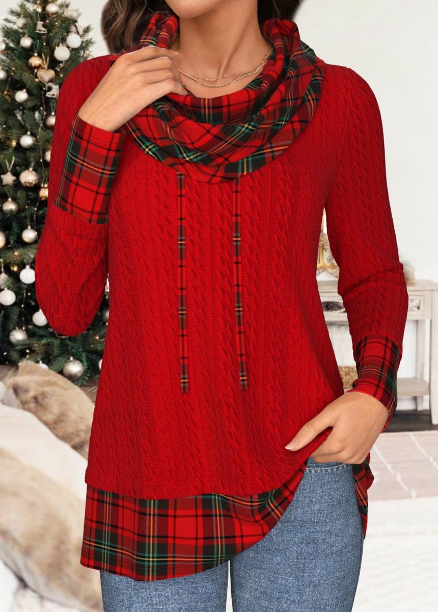 Elovana® Christmas Red Patchwork Plaid Long Sleeve Cowl Neck Sweatshirt - Elovana Montreal - 