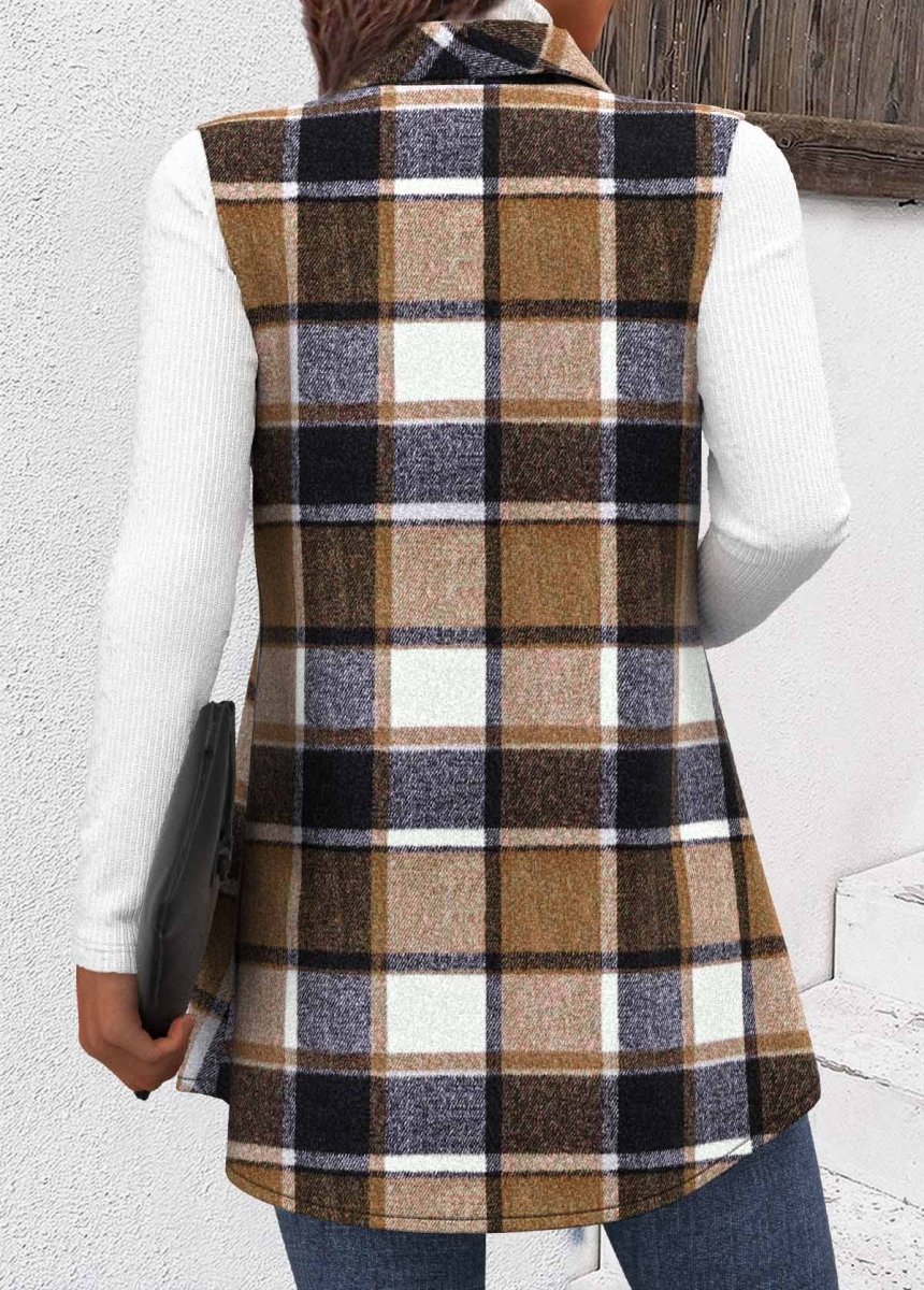 Elovana® Dark Camel Patchwork Plaid Sleeveless Shirt Collar Waistcoat - Elovana Montreal - 