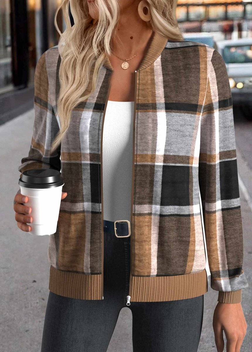 Elovana® Dark Coffee Zipper Plaid Long Sleeve Stand Collar Jacket - Elovana Montreal - 