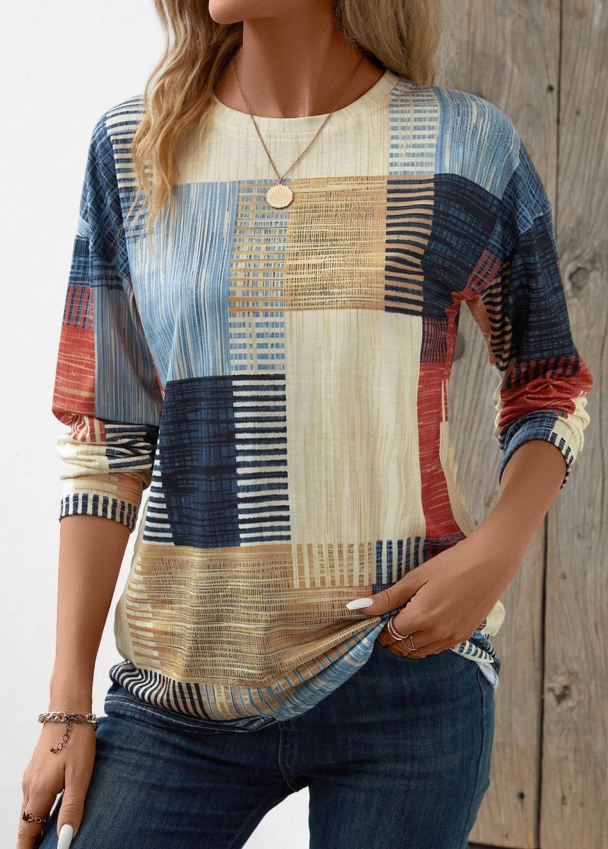 Elovana DESIGN Beige Patchwork Geometric Print Long Sleeve T Shirt - Elovana Montreal - 