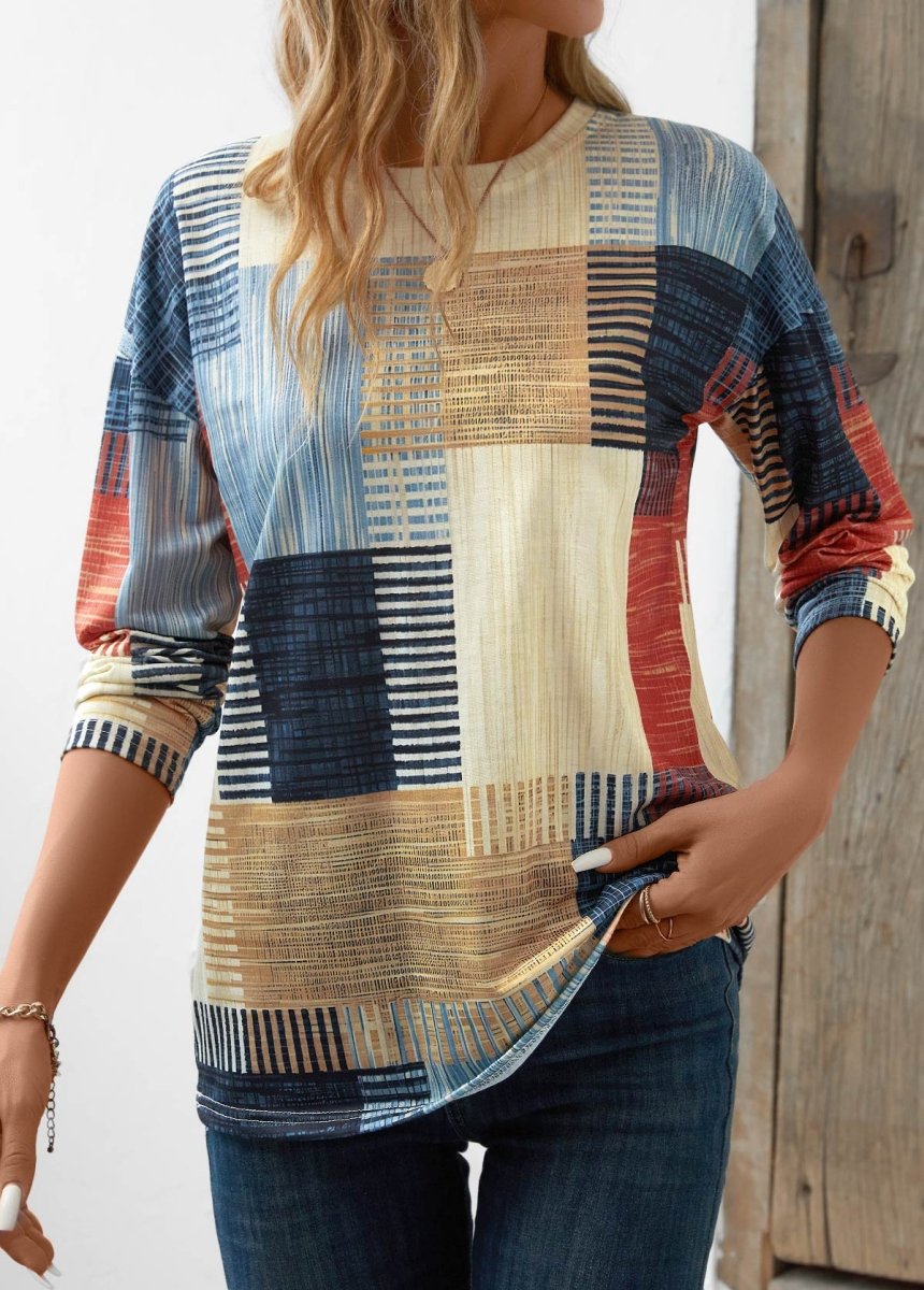 Elovana DESIGN Beige Patchwork Geometric Print Long Sleeve T Shirt - Elovana Montreal - 