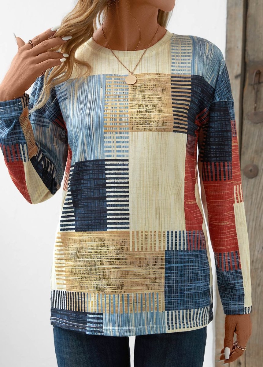 Elovana DESIGN Beige Patchwork Geometric Print Long Sleeve T Shirt - Elovana Montreal - 