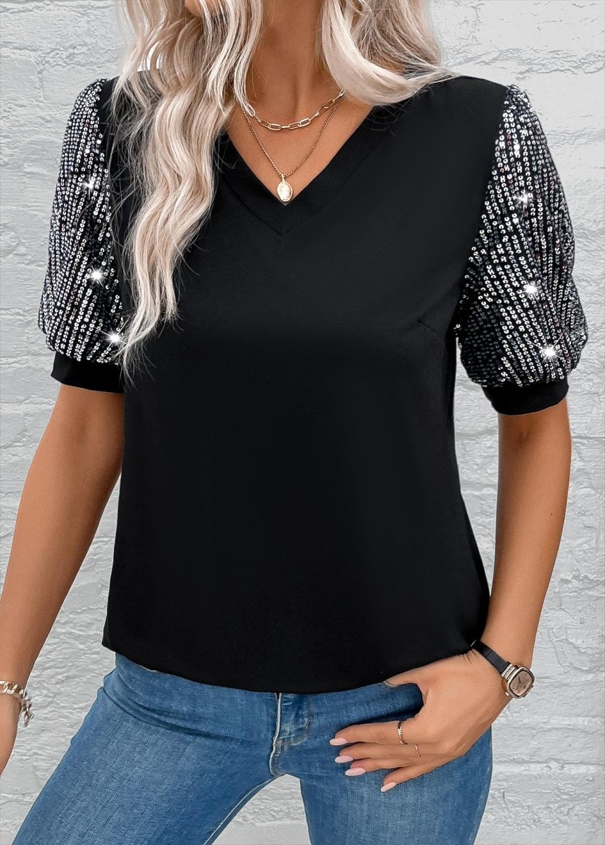 Elovana DESIGN Black Sequin Short Sleeve V Neck T Shirt - Elovana Montreal - 