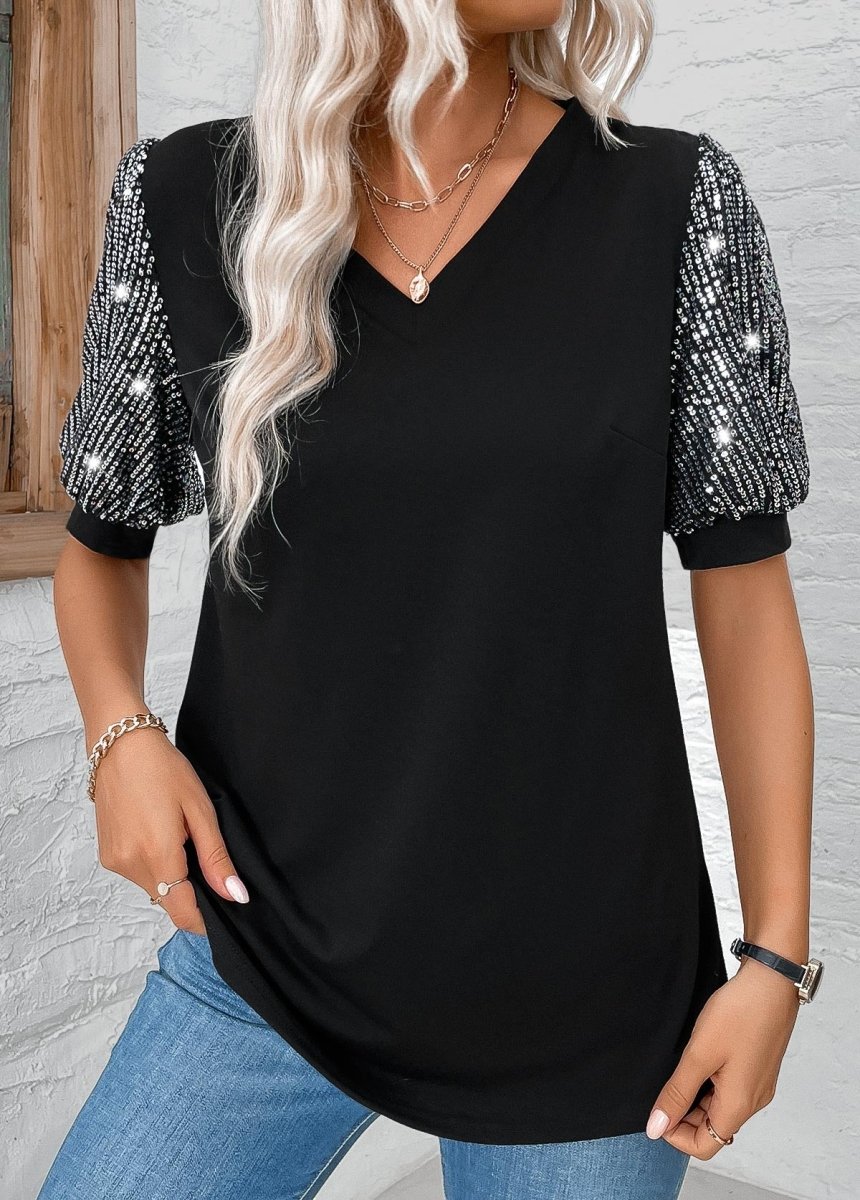 Elovana DESIGN Black Sequin Short Sleeve V Neck T Shirt - Elovana Montreal - 