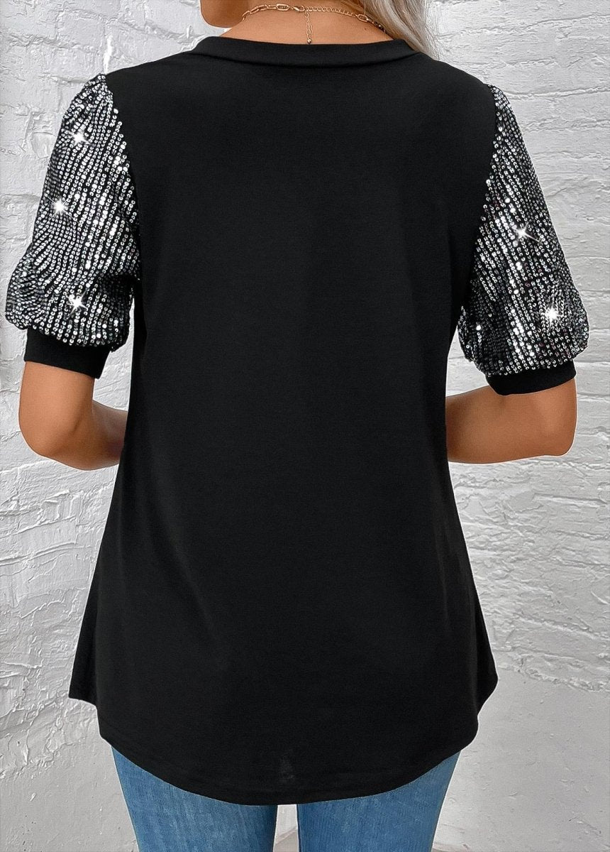 Elovana DESIGN Black Sequin Short Sleeve V Neck T Shirt - Elovana Montreal - 