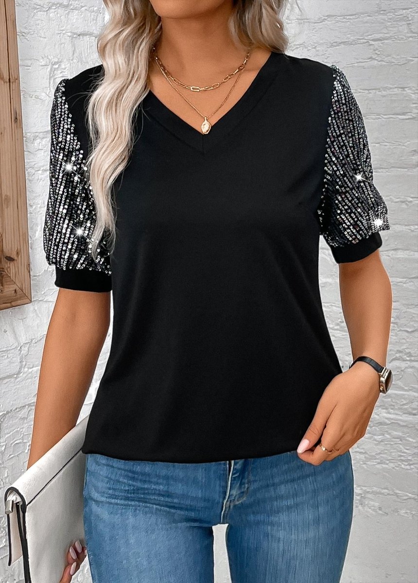 Elovana DESIGN Black Sequin Short Sleeve V Neck T Shirt - Elovana Montreal - 