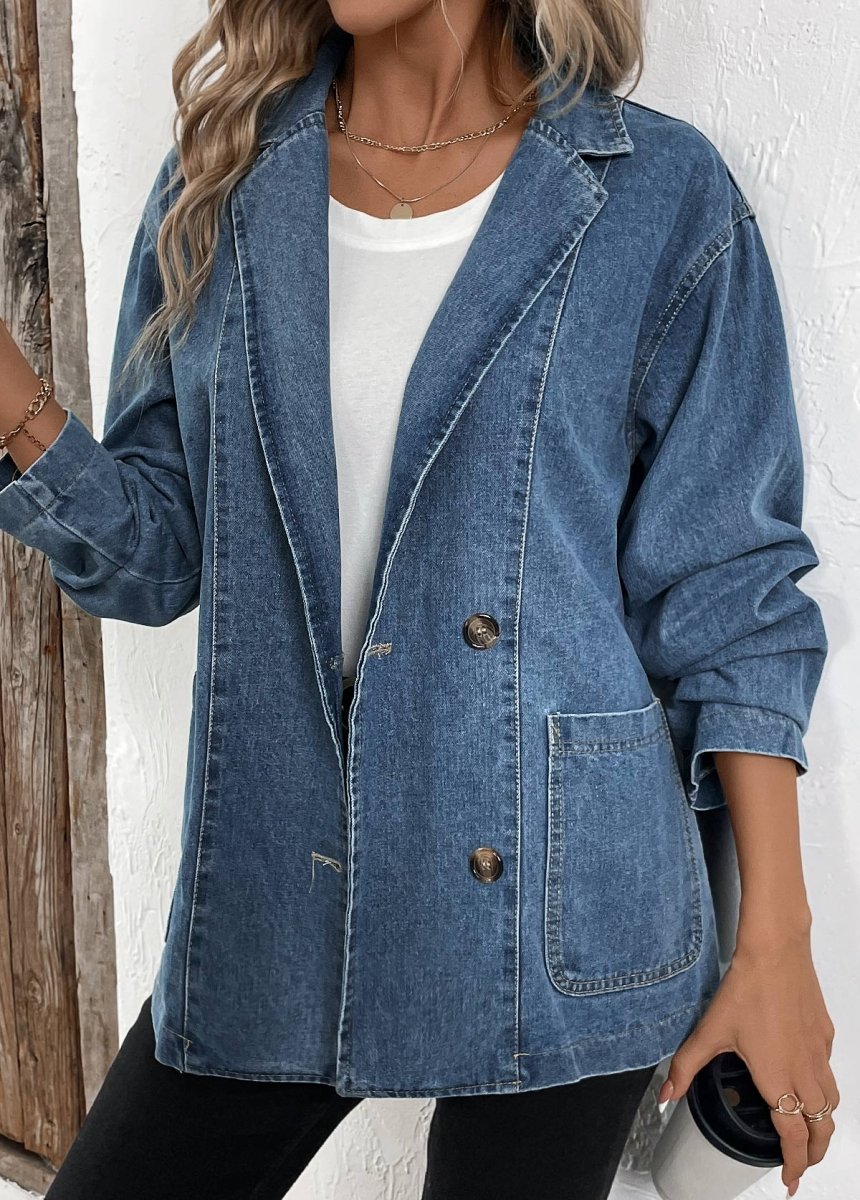 Elovana DESIGN Denim Blue Patchwork Long Sleeve Lapel Coat - Elovana Montreal - 