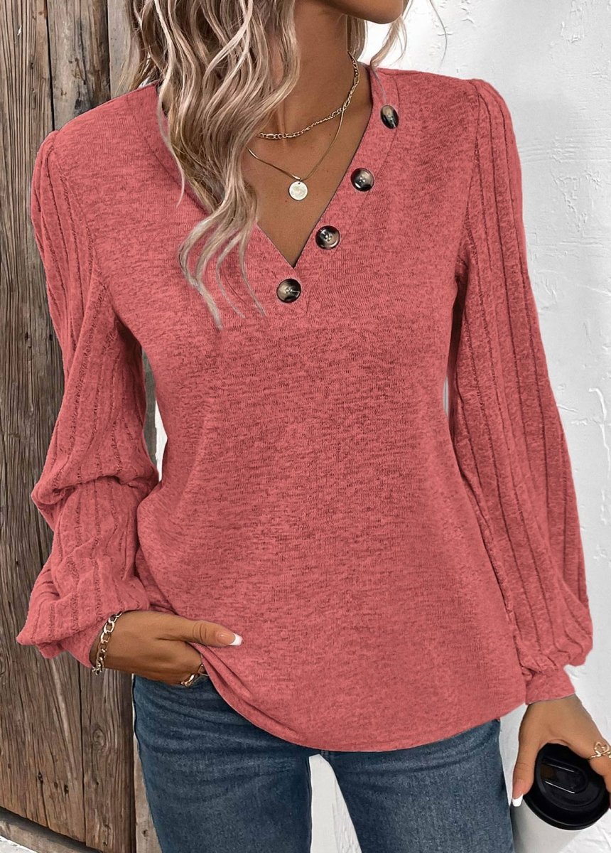 Elovana DESIGN Dusty Pink Patchwork Long Sleeve V Neck Sweatshirt - Elovana Montreal - 