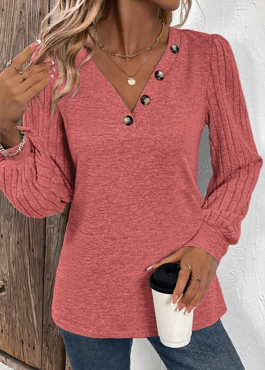 Elovana DESIGN Dusty Pink Patchwork Long Sleeve V Neck Sweatshirt - Elovana Montreal - 