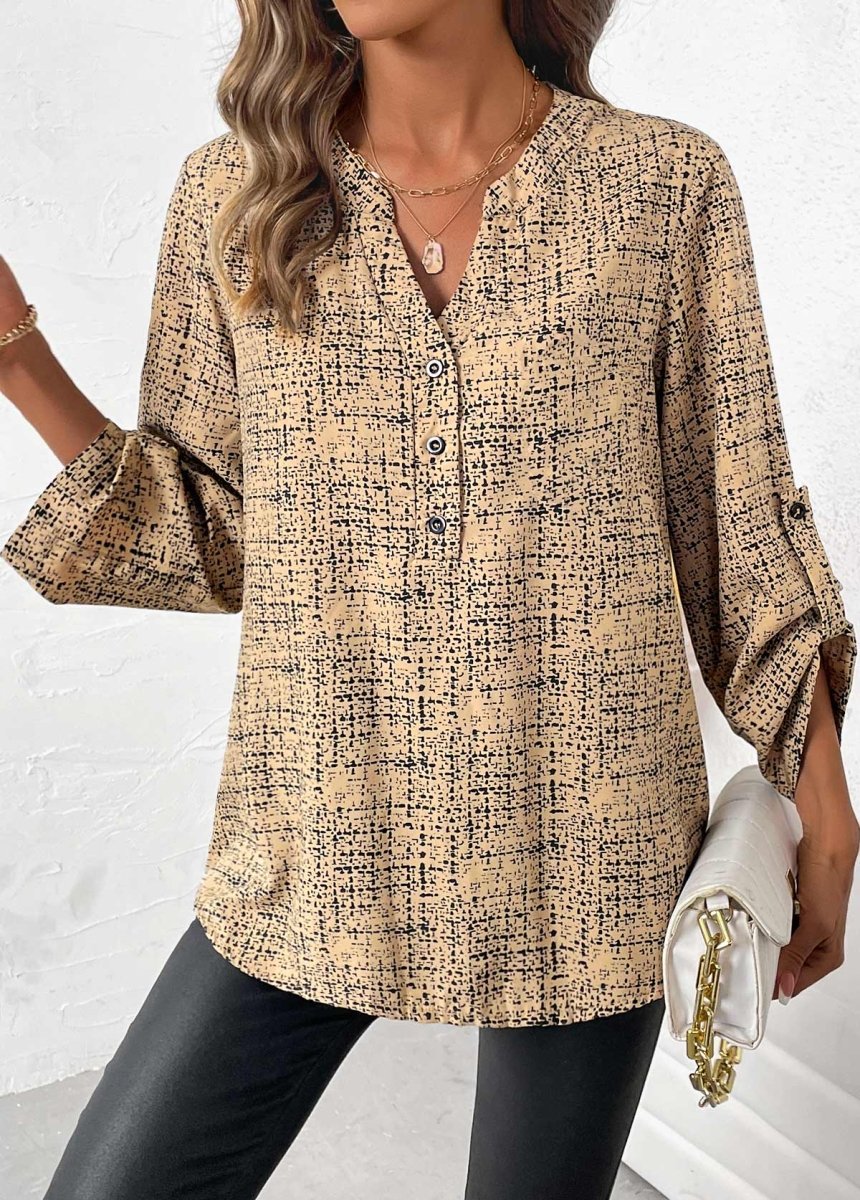 Elovana DESIGN Light Camel Button Graffiti Print Long Sleeve Shirt - Elovana Montreal - 