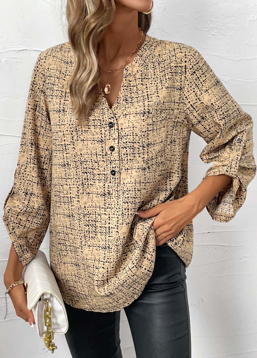 Elovana DESIGN Light Camel Button Graffiti Print Long Sleeve Shirt - Elovana Montreal - 