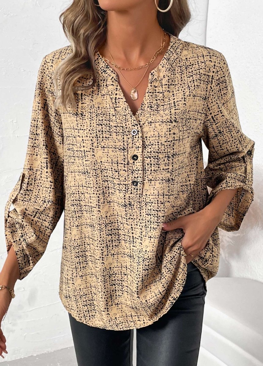 Elovana DESIGN Light Camel Button Graffiti Print Long Sleeve Shirt - Elovana Montreal - 