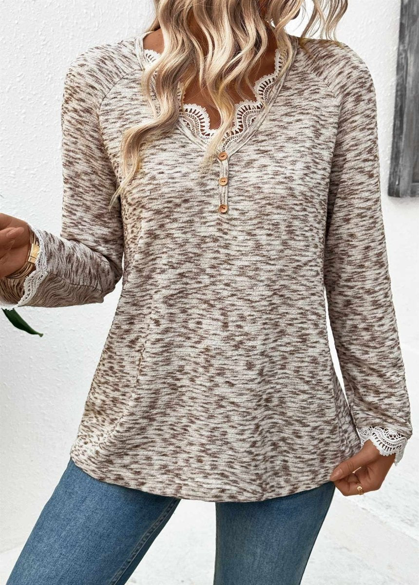 Elovana DESIGN Light Coffee Embroidery Long Sleeve V Neck T Shirt - Elovana Montreal - 