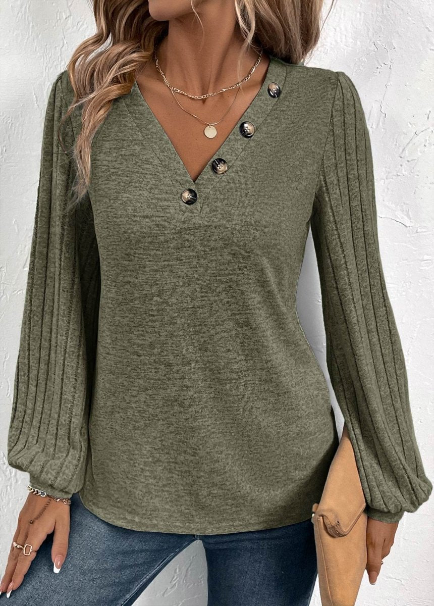 Elovana DESIGN Olive Green Patchwork Long Sleeve V Neck T Shirt - Elovana Montreal - 