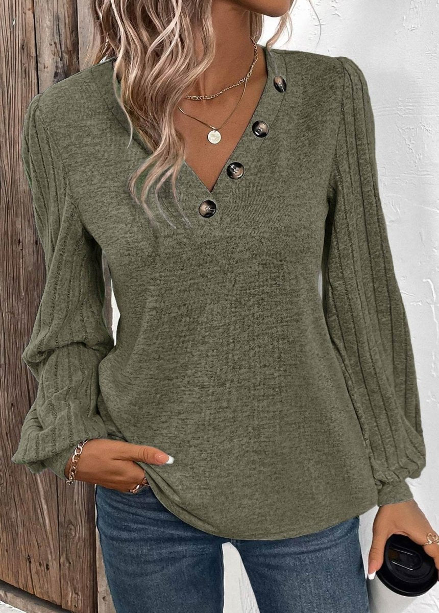 Elovana DESIGN Olive Green Patchwork Long Sleeve V Neck T Shirt - Elovana Montreal - 