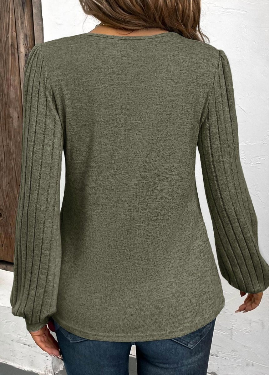 Elovana DESIGN Olive Green Patchwork Long Sleeve V Neck T Shirt - Elovana Montreal - 