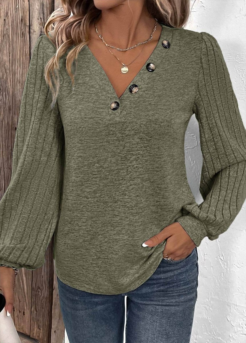 Elovana DESIGN Olive Green Patchwork Long Sleeve V Neck T Shirt - Elovana Montreal - 