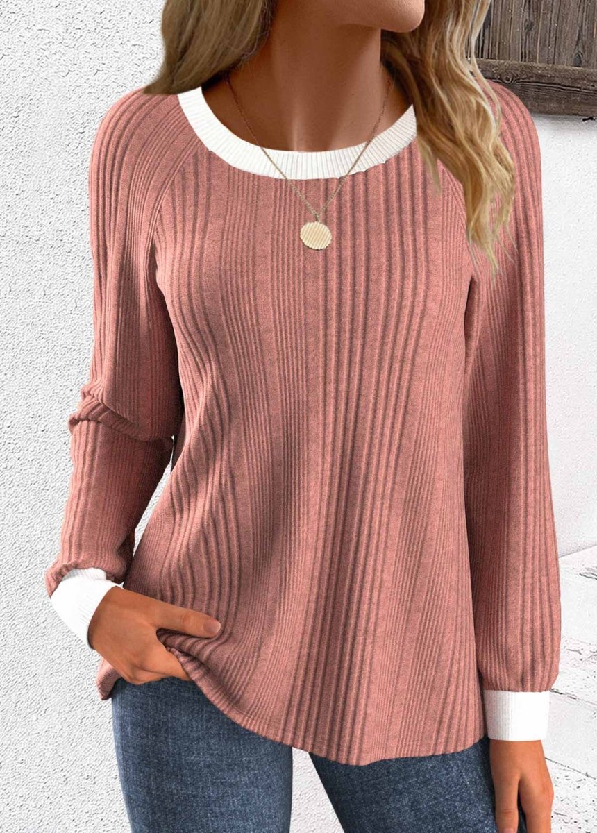 Elovana® Dusty Pink Patchwork Long Sleeve Round Neck Sweatshirt - Elovana Montreal - 