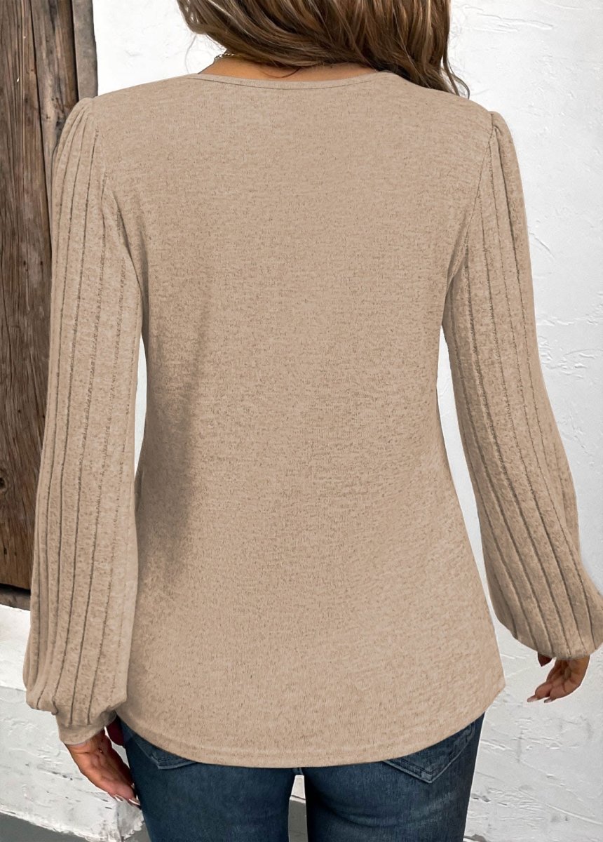 Elovana® Light Camel Button Geometric Print Long Sleeve T Shirt - Elovana Montreal - 