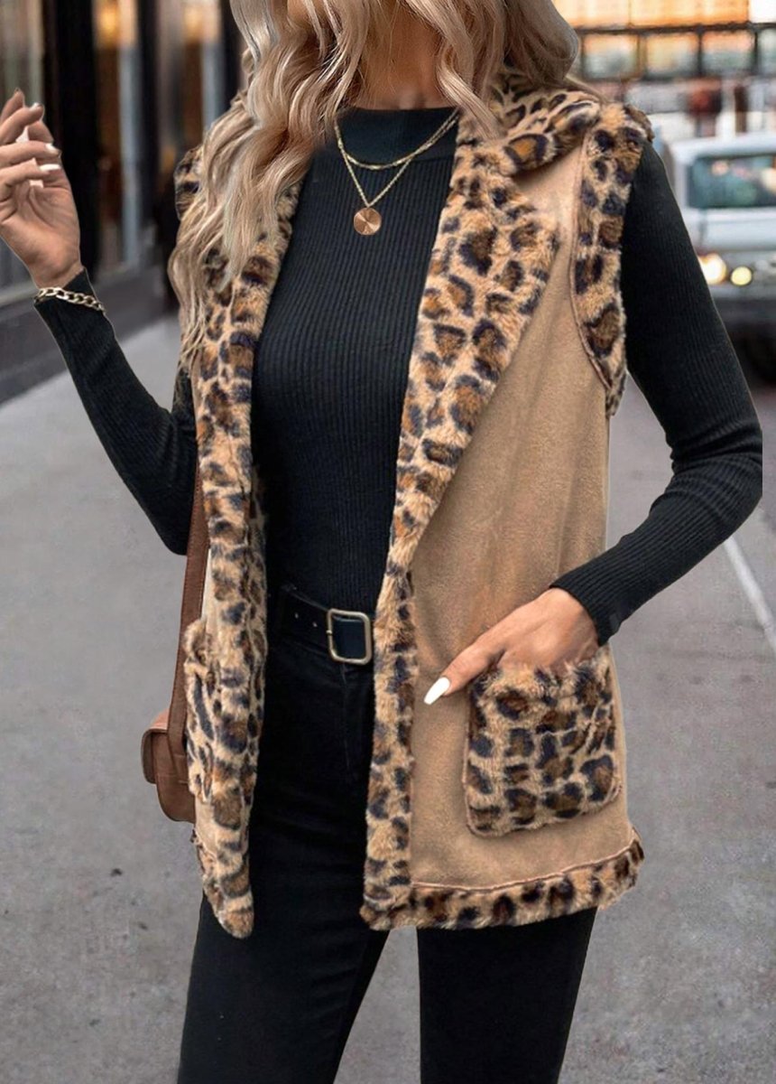 Elovana® Light Coffee Patchwork Leopard Sleeveless Turn Down Collar Waistcoat - Elovana Montreal - 