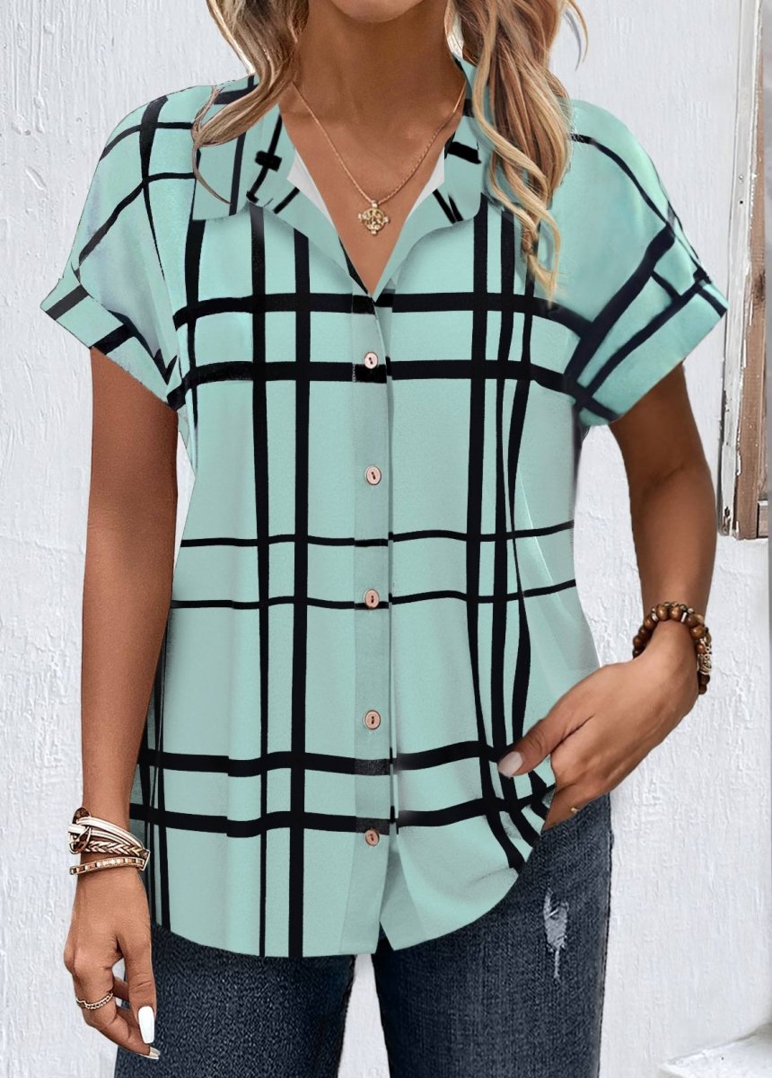 Elovana® Light Green Button Plaid Short Sleeve Shirt Collar Blouse - Elovana Montreal - 