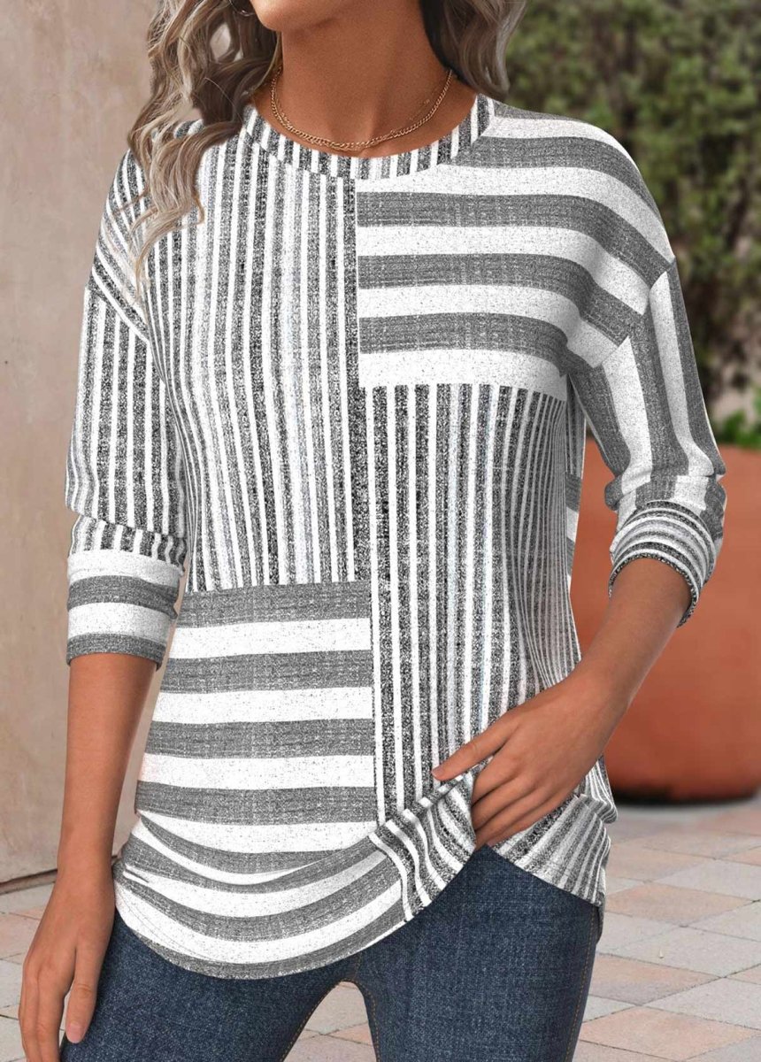 Elovana® Light Grey Marl Striped Long Sleeve T Shirt - Elovana Montreal - 