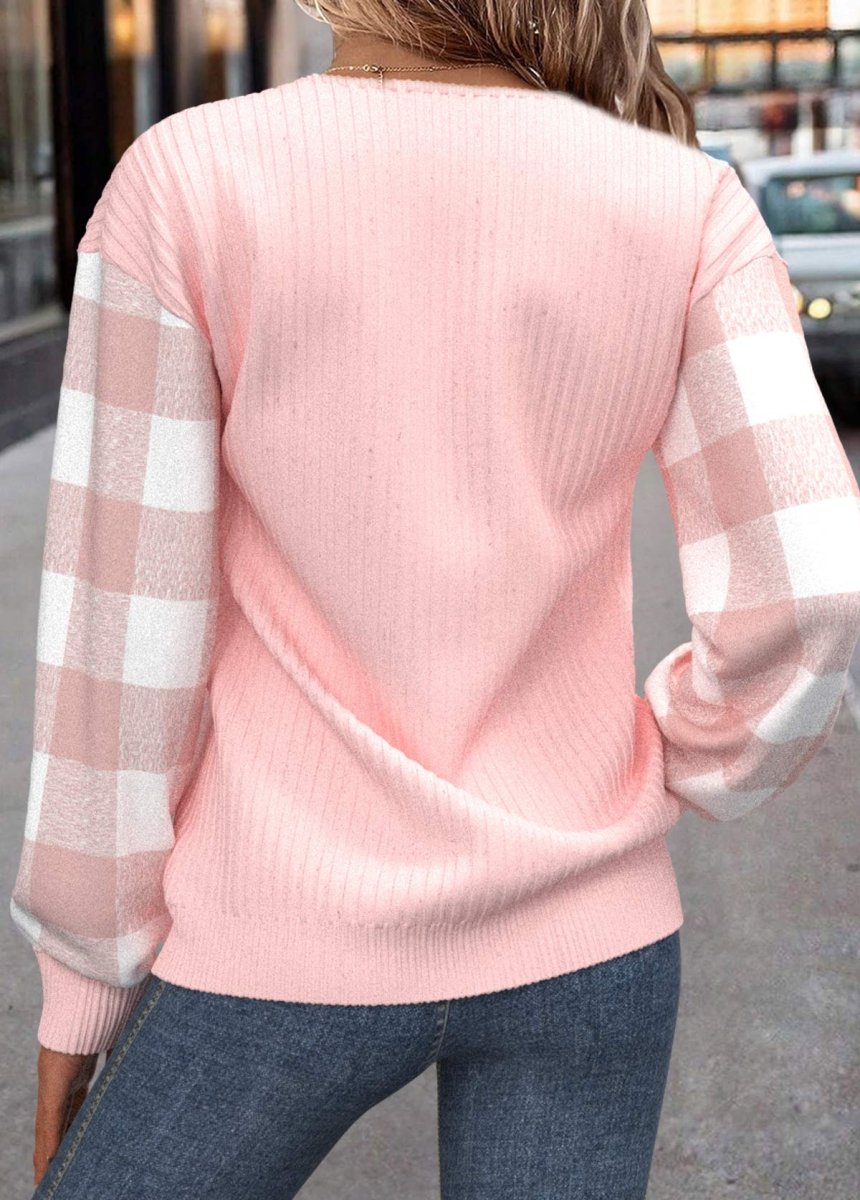 Elovana® Light Pink Patchwork Plaid Long Sleeve Sweatshirt - Elovana Montreal - 