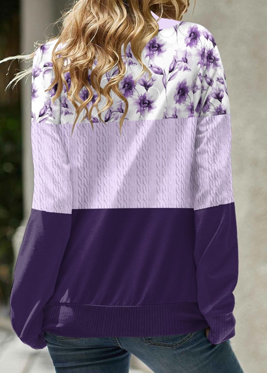 Elovana® Light Purple Patchwork Floral Print Long Sleeve Sweatshirt - Elovana Montreal - 