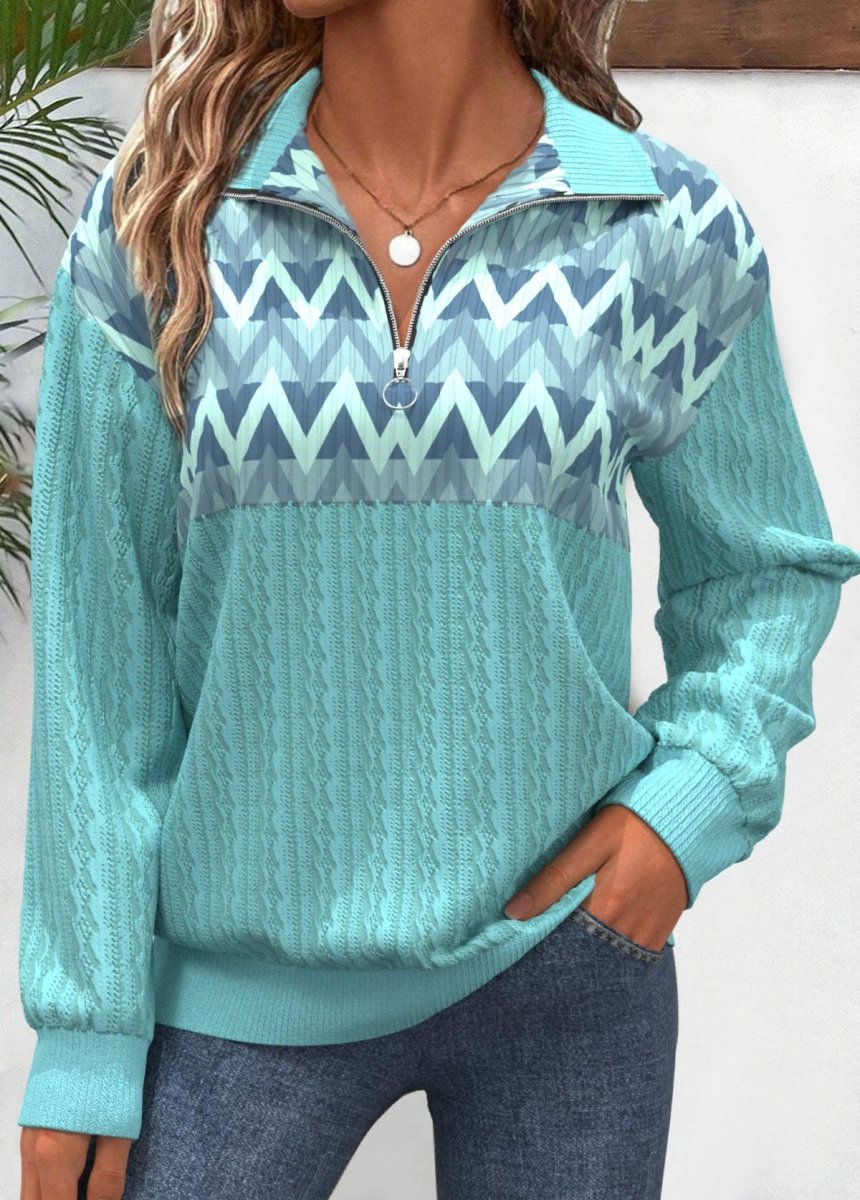 Elovana® Mint Green Zipper Geometric Print Long Sleeve Sweatshirt - Elovana Montreal - 