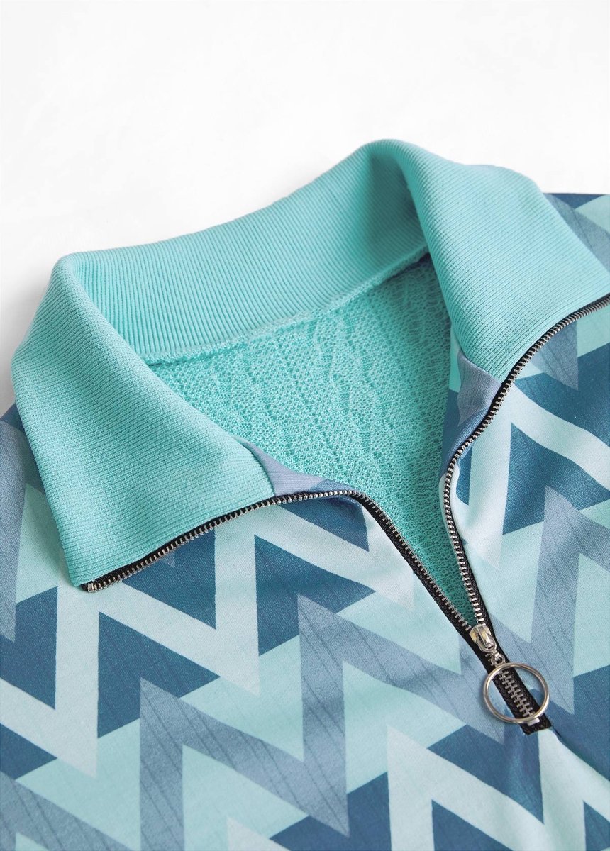 Elovana® Mint Green Zipper Geometric Print Long Sleeve Sweatshirt - Elovana Montreal - 