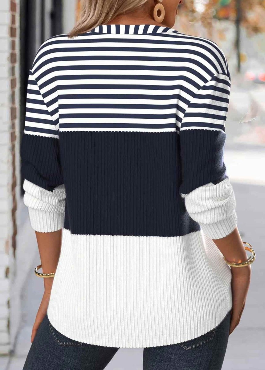 Elovana® Navy Button Striped Long Sleeve Split Neck Sweatshirt - Elovana Montreal - 