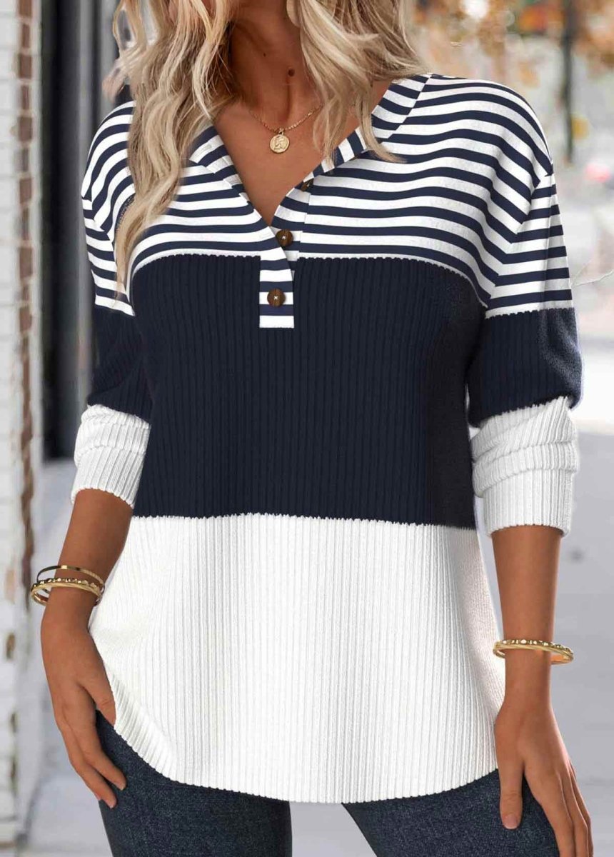 Elovana® Navy Button Striped Long Sleeve Split Neck Sweatshirt - Elovana Montreal - 