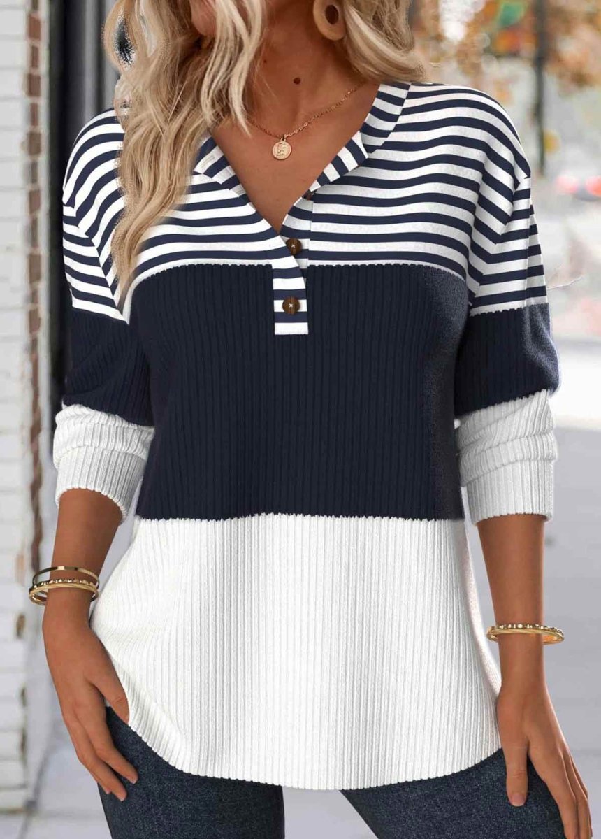 Elovana® Navy Button Striped Long Sleeve Split Neck Sweatshirt - Elovana Montreal - 